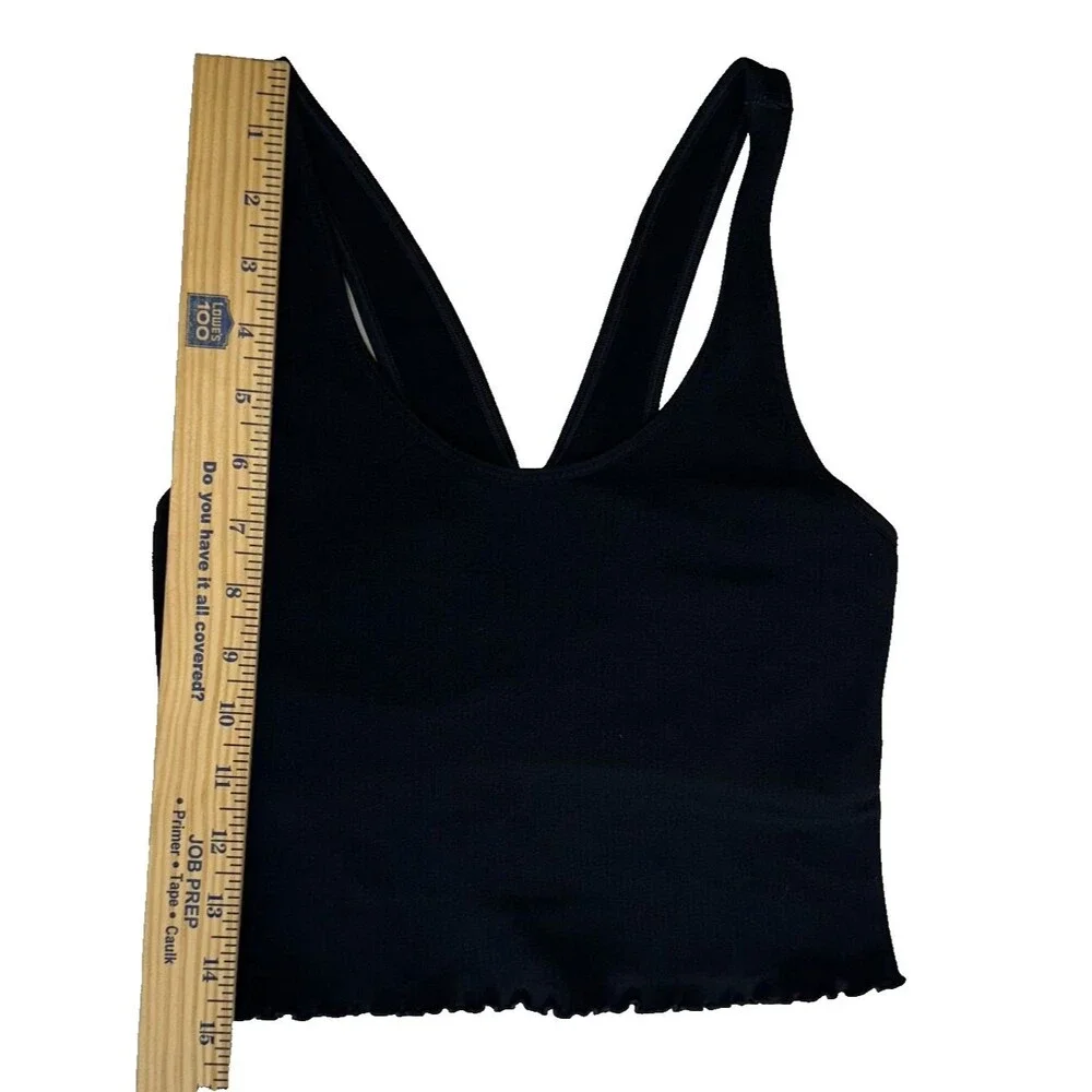 Spiritual Gangster M/L Amor Crop Rib Tank Top Black Ruffled Lettuce Edge Bra